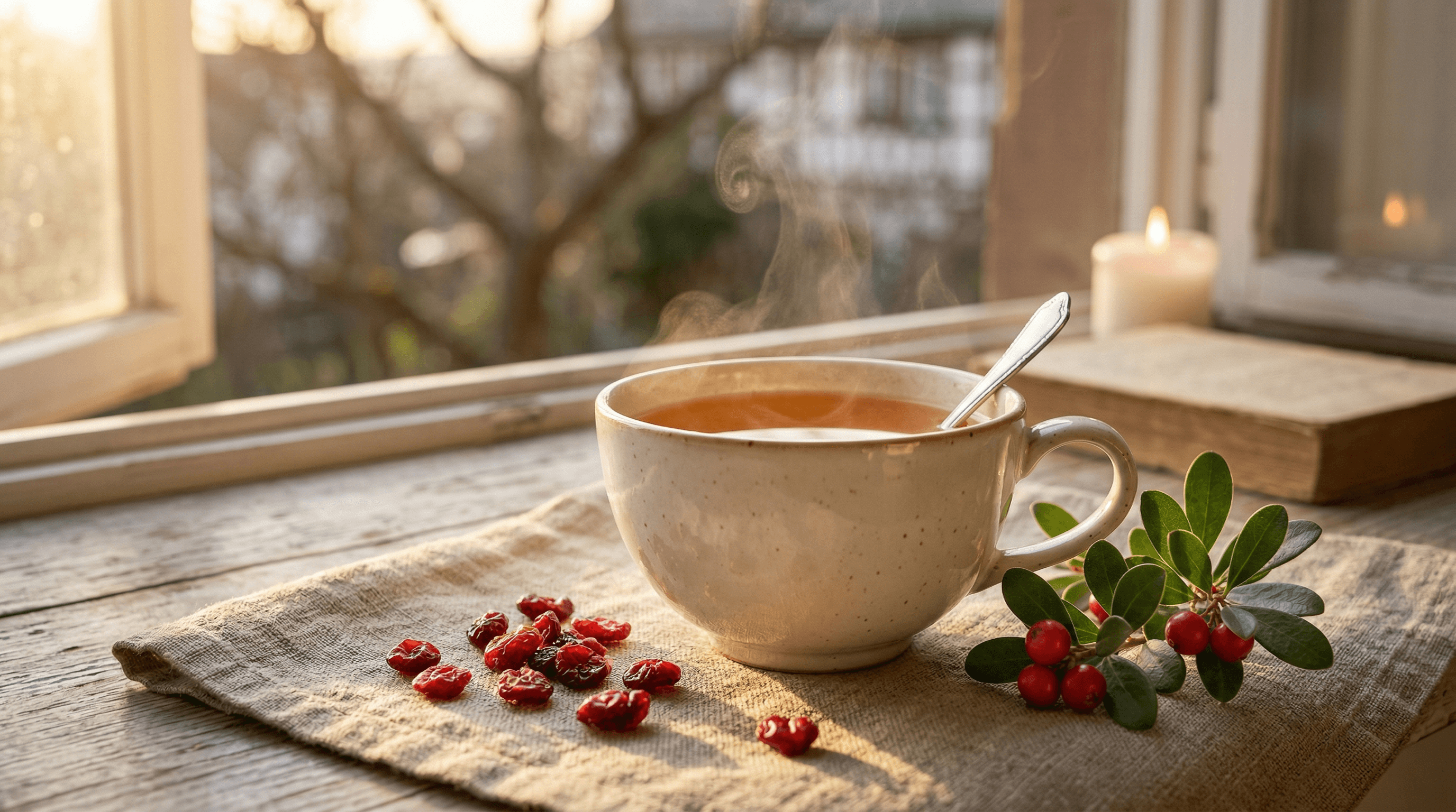 Bärentraubentee mit Cranberries am Fenster — sanfte Heilroutine