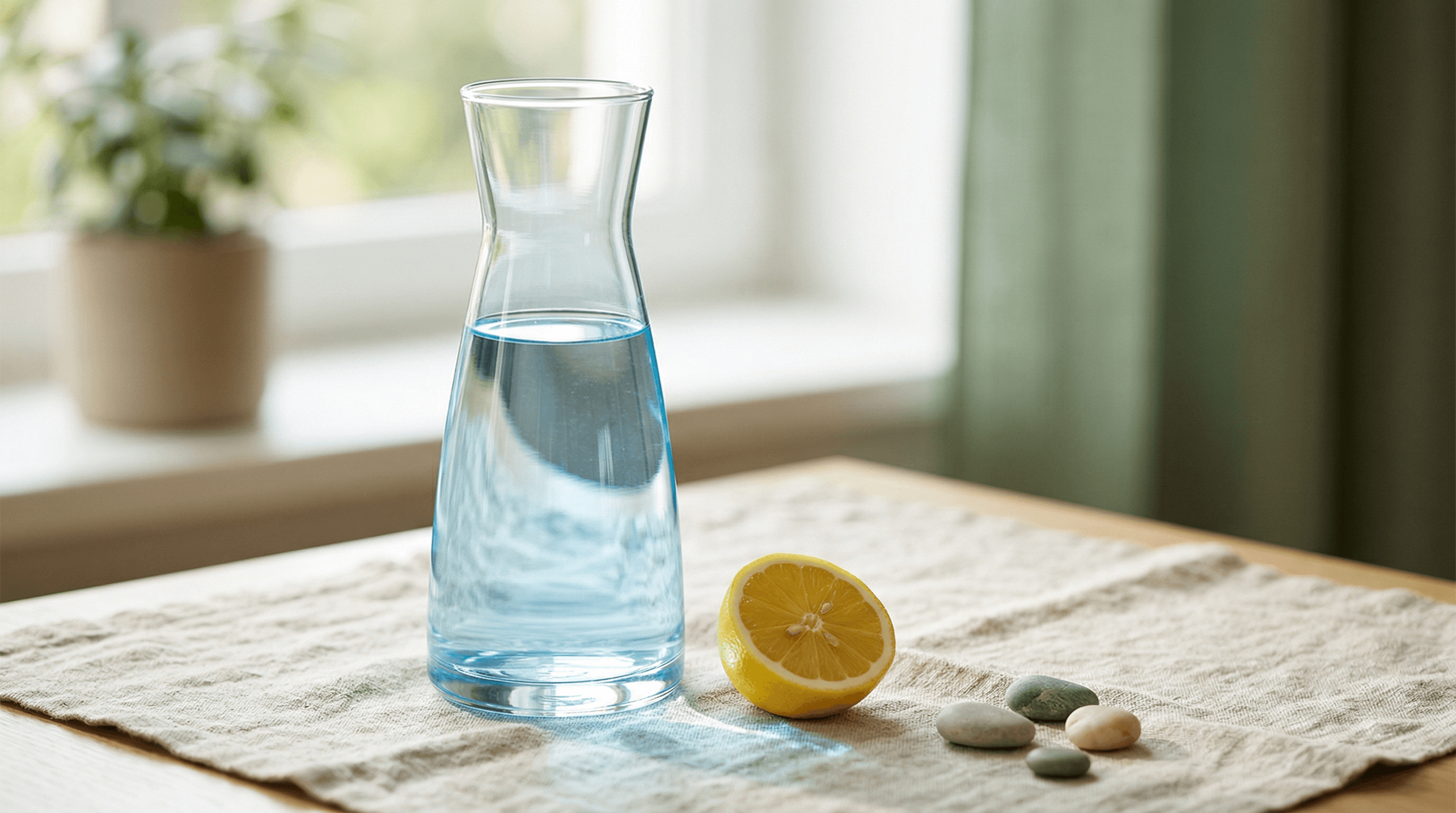 Wasserglas mit Zitronenscheibe und Steinen — Hydration und Mineralien