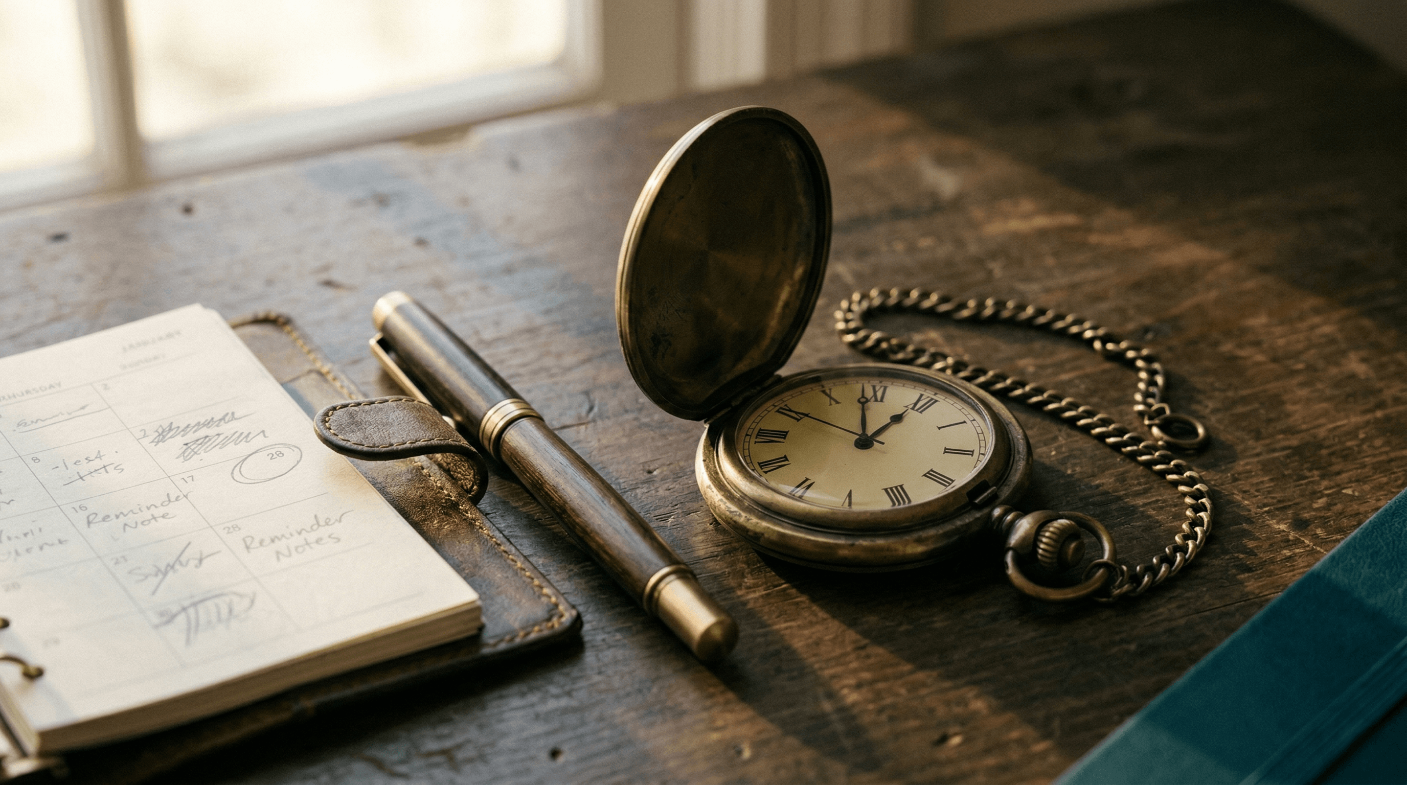 Vintage Taschenuhr neben Notizbuch — der richtige Zeitpunkt für Vorsorge